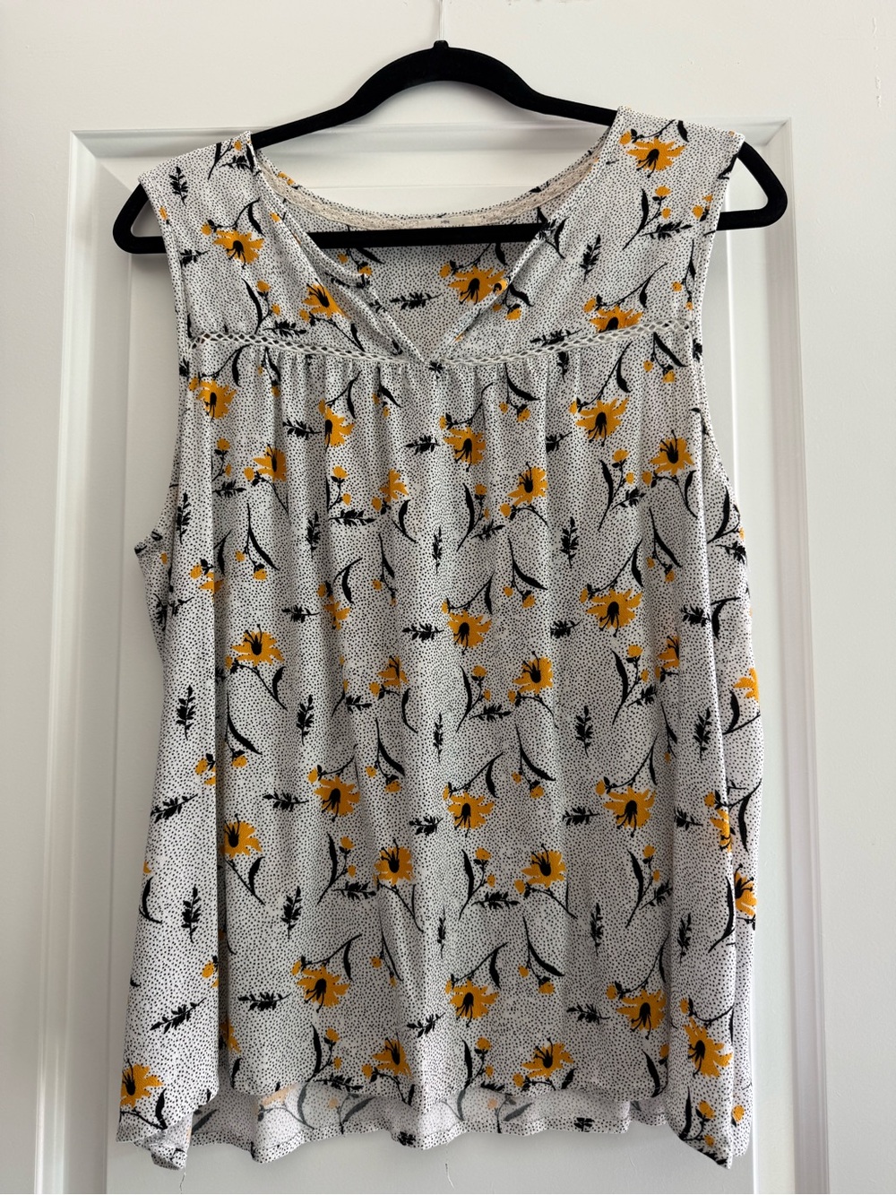 V-Neck Sleeveless Floral Tank Top - White with Yellow Floral Print